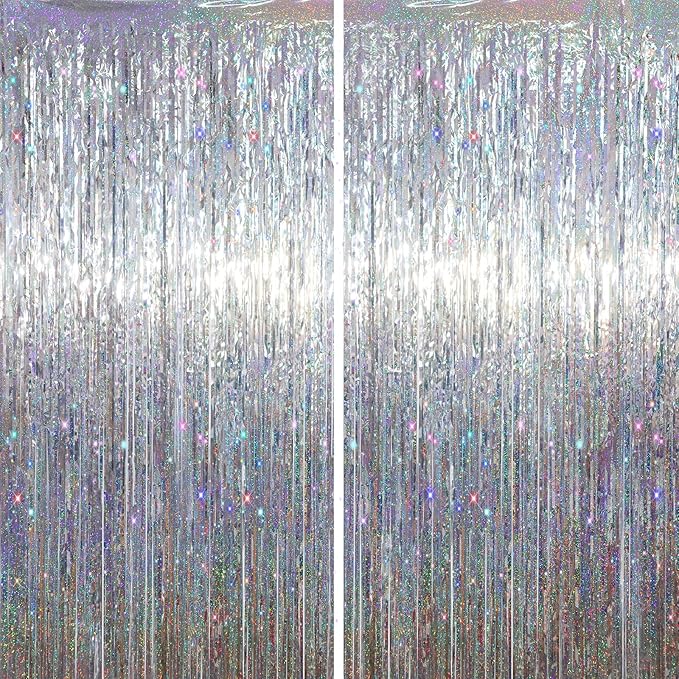 2 Pack Laser Silver Tinsel Foil Fringe Curtains, Silver Party Decorations, Metallic Tinsel Party Streamers Backdrop for New Years Birthday Halloween Wedding Party Decorations