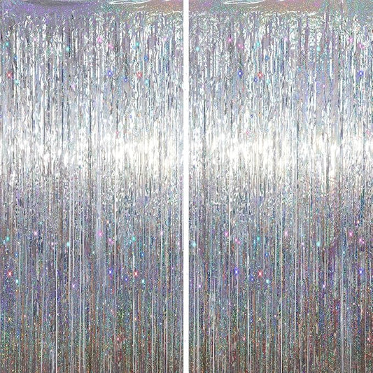 2 Pack Laser Silver Tinsel Foil Fringe Curtains, Silver Party Decorations, Metallic Tinsel Party Streamers Backdrop for New Years Birthday Halloween Wedding Party Decorations
