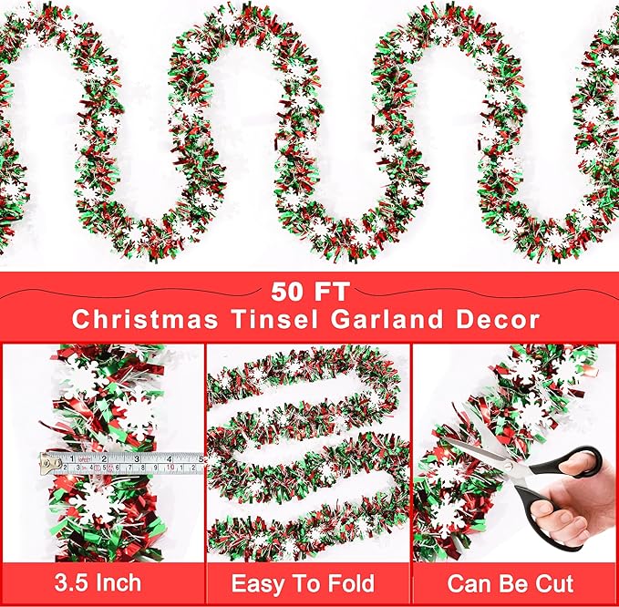 50FT Red Green White Christmas Tinsel Garland with Snowflake Ornaments Metallic Shiny Xmas Garland for Christmas Tree Decoration Holiday Hanging Garlands Indoor Outdoor Home Office Party Holiday Decor