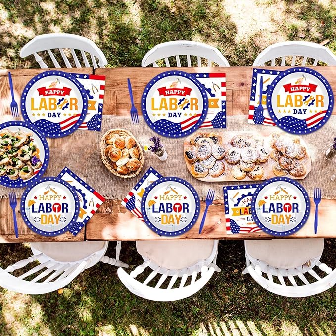 96 Pcs Labor Day Party Supplies for 24 Guests Labor Party Tableware Plates Napkins American Holiday Patriotic Dinnerware Table Decorations Happy Labor Day Party Favor for USA Independence Day