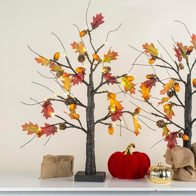 2 Pack Lighted Fall Trees 24in - Battery Operated Autumn Centerpiece with Acorns & Pinecones for Thanksgiving Halloween Decor