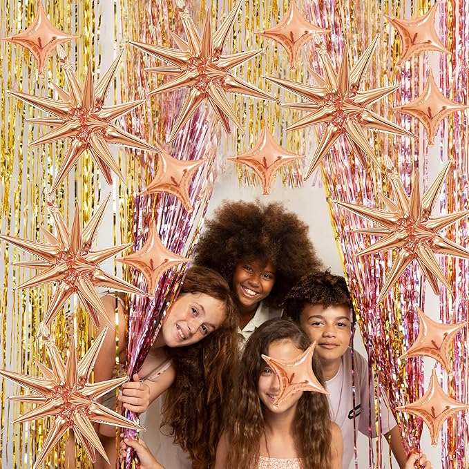 Rose Gold Star Balloons,Explosion Star Balloons Kit with 6Pcs 22Inch Cone Star Foil Balloons and 10Pcs 10Inch Four Pointed Star Balloons for Birthday Anniversary Disco Party Decorations