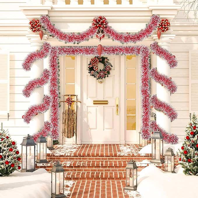 50Ft Christmas Tinsel Garland, Red Snowflake Metallic Twist Garland for Xmas Tree Decorations, Tinsel for New Year Party Ceiling Hanging Decorations Indoor and Outdoor Decor