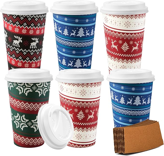 JOYIN 24 PCS Christmas Disposable Paper Cups, 16 oz Merry Christmas Party Cups With Sleeves and Lids, 4 Designs Xmas Drinkware Winter Drinkware, Tableware Holiday Party Supplies