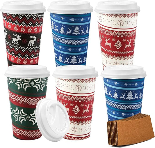 JOYIN 24 PCS Christmas Disposable Paper Cups, 16 oz Merry Christmas Party Cups With Sleeves and Lids, 4 Designs Xmas Drinkware Winter Drinkware, Tableware Holiday Party Supplies