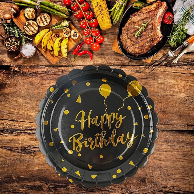 50PCS Happy Birthday Paper Plates and Napkins - 7 Inch Birthday Cake Plates Scalloped Black and Gold Dessert Plates and 6.5 Inch Napkins Disposable Tableware Set, Serves 25
