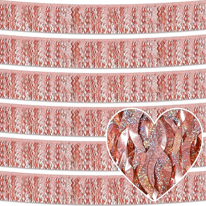 6 Pack 10 Feet Rose Gold Wave Foil Fringe Garland Metallic Tinsel Streamers Banner Wall Hanging Curtain Backdrop for Parade Floats, Mother's Day, Easter, Bachelorette, Wedding Party Decoration