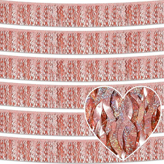 6 Pack 10 Feet Rose Gold Wave Foil Fringe Garland Metallic Tinsel Streamers Banner Wall Hanging Curtain Backdrop for Parade Floats, Mother's Day, Easter, Bachelorette, Wedding Party Decoration