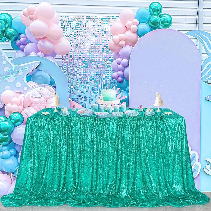 QueenDream Lake Green Sequin Decorative Party Tablecloth: Large Shimmer Dessert Table Overlay 90x132 Inch Dinner Table Drapes Cocktail Easter Decor