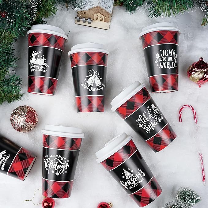 JOYIN 24 PCS Christmas Buffalo Plaid Paper Cups with Sleeves and Lids, 6 Designs 16 oz Xmas Drinkware Coffee Cups for Hot Cocoa Chocolate Cold Beverage Holiday Tableware Winter Party Supplies