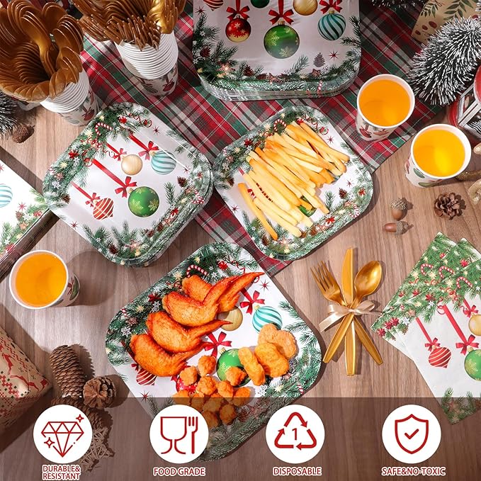 350 Pcs Christmas Party Supplies Christmas Tree Hanging Ball Party Tableware Set Square Paper Plates Disposable Napkins Cups Plastic Cutlery for Xmas Holiday Serves 50 Guests(Xmas Ball)