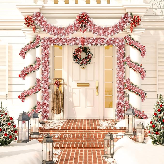 50Ft Christmas Tinsel Garland, Red and Snowflake Tinsel Garland Metallic Twist Shiny Garland for Xmas Tree Decorations, Tinsel for New Year Party Ceiling Hanging Decorations Indoor and Outdoor Decor