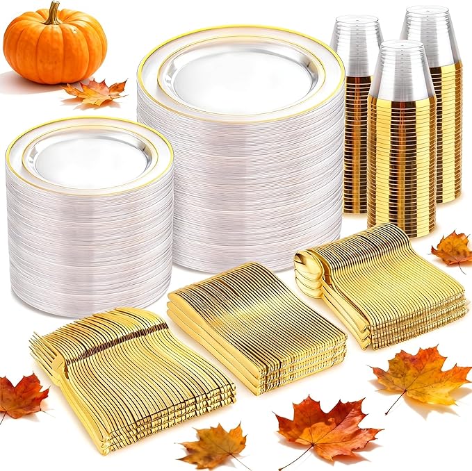 bUCLA 600PCS Clear Plates with Gold Trim - Clear Gold Dinnerware Set Disposable Include 100 Dinner/100 Dessert Plates, 100 Knives, 100 Forks, 100 Spoons, 100 Cups for Wedding, Party & Thanksgiving