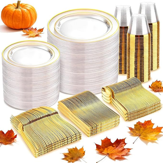 bUCLA 600PCS Clear Plates with Gold Trim - Clear Gold Dinnerware Set Disposable Include 100 Dinner/100 Dessert Plates, 100 Knives, 100 Forks, 100 Spoons, 100 Cups for Wedding, Party & Thanksgiving