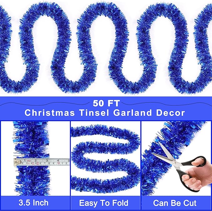 50FT Blue Christmas Tinsel Garland Metallic Twist Xmas Garland for Christmas Tree Decorations Holiday Hanging Garlands for Mantel Staircase Indoor Outdoor Home Office Class Party Holiday Decor