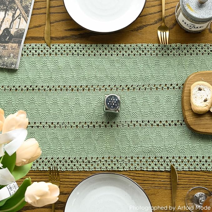 Artoid Mode Light Green Farmhouse Woven Rustic Hollow Table Runner, Seasonal Holiday Hollow Kitchen Dining Table Decoration for Home Party Decor 12x108 Inch