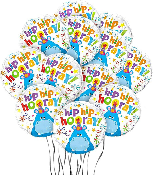 PMU Happy Birthday Hip Hip Hooray Hippo 18 Inch Mylar Foil Balloon Pkg/25