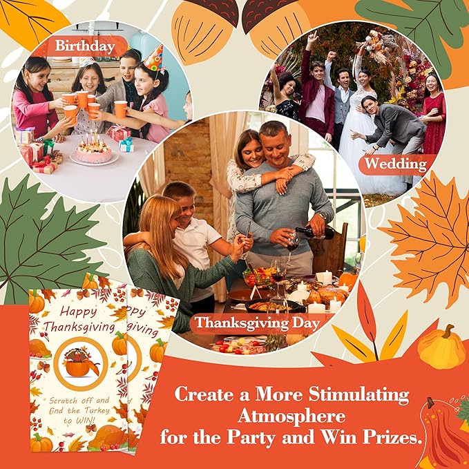 Thanksgiving Scratch Off Cards, 50pcs Autumn Party Scratch Off Tickets, Fall Harvest Game Cards for Adults Family Groups Supplies Classroom Activities - B03