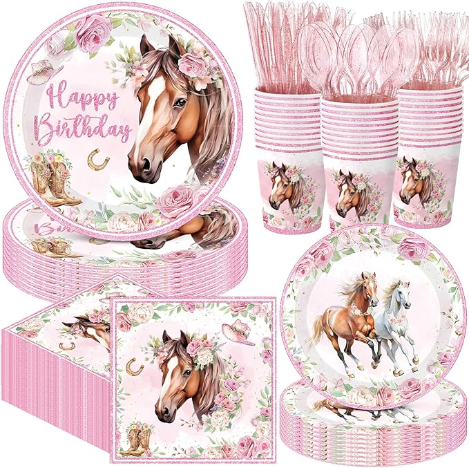 Pickmesh 400 Pcs Horse Birthday Party Supplies Include Pink Western Cowgirl Disposable Paper Plates Napkins Cups Cutlery Cowgirl Birthday Party Decorations for Girls Rodeo Bachelorette Fairy Serve 50