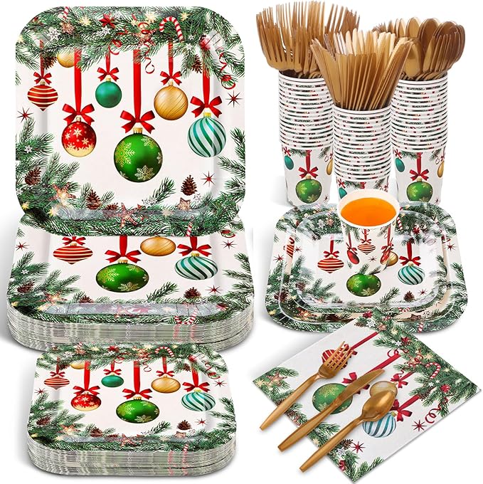 350 Pcs Christmas Party Supplies Christmas Tree Hanging Ball Party Tableware Set Square Paper Plates Disposable Napkins Cups Plastic Cutlery for Xmas Holiday Serves 50 Guests(Xmas Ball)