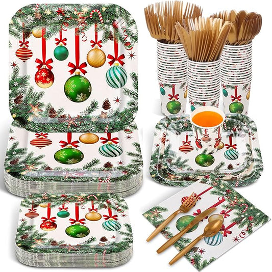 350 Pcs Christmas Party Supplies Christmas Tree Hanging Ball Party Tableware Set Square Paper Plates Disposable Napkins Cups Plastic Cutlery for Xmas Holiday Serves 50 Guests(Xmas Ball)