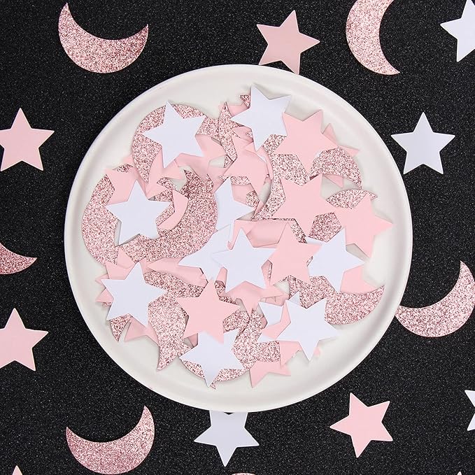 Rose-Gold Pink-White Moon Star Confetti - 300pcs Glitter Twinkle Little Star Table Confetti Eid Ramadan Mubarak Decoration Birthday Wedding Baby Bridal Shower Party Decor Lasting Surprise