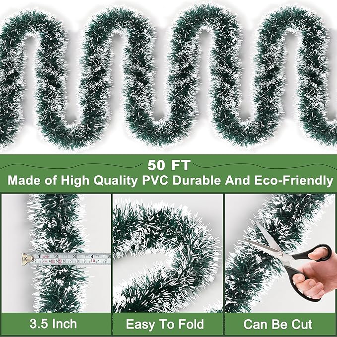 50FT Green White Christmas Tinsel Garland, Metallic Twist Xmas Garland for Christmas Tree Decorations, Holiday Hanging Garlands for Mantel Staircase Fireplace Indoor Outdoor Home Party Decor