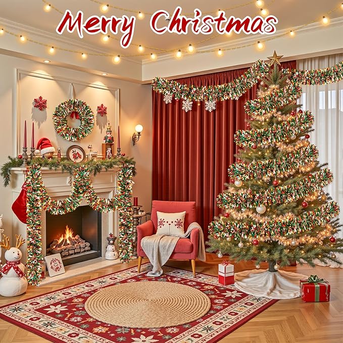 50Ft Christmas Tinsel Garland, Red Grenn Gold Metallic Twist Garland for Xmas Tree Decorations, Tinsel for New Year Party Ceiling Hanging Decorations Indoor and Outdoor Decor