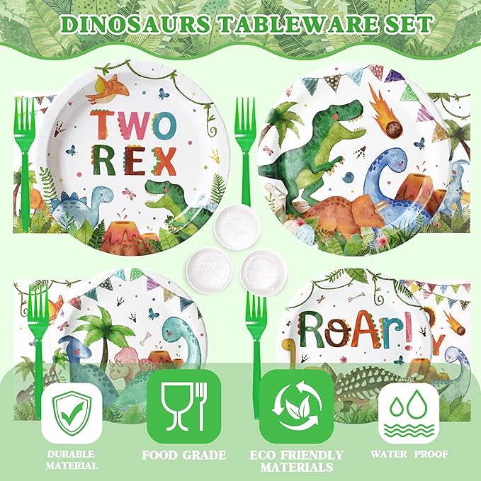 2nd Birthday Dinosaur Party Supplies Set - 197 Pcs for 24 Guests, 2-Rex Theme Decorations with Banner, Balloons, Tableware & Cake Toppers