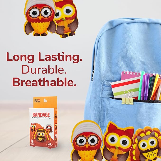 BioSwiss Kids Bandages, Thanksgiving Shaped Self Adhesive Bandage Set, Latex Free, Sterile Wound Care, 24 Count