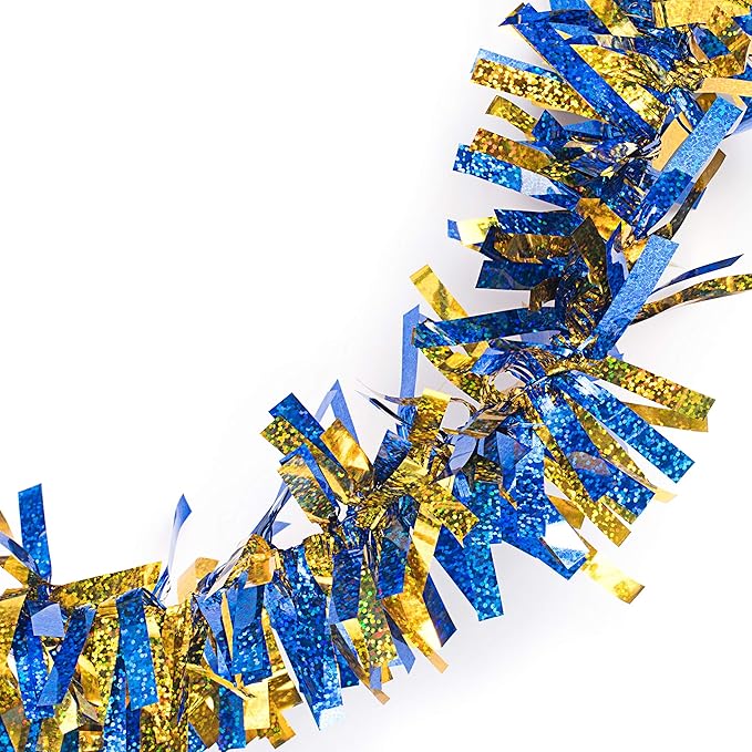 Anderson's Metallic Blue & Gold Tinsel Twist Garland, 25ft Holiday Decoration, Christmas Tree Trim, Parade Float Decor, Party Supplies, Halloween, Graduation, Indoor Outdoor Event Garland