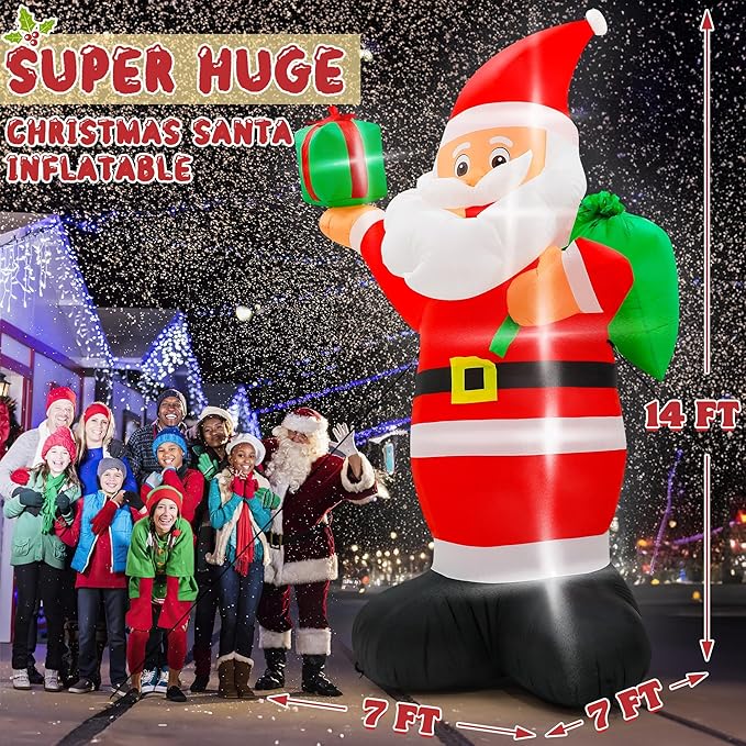 14 FT Christmas Santa Inflatables Decor, Giant Inflatable Santa with Bag, Blow Up Christmas Santa Claus with 6pcs LED, Inflatable Santa Claus Outdoor Decorations for Holiday Lawn Yard Archway