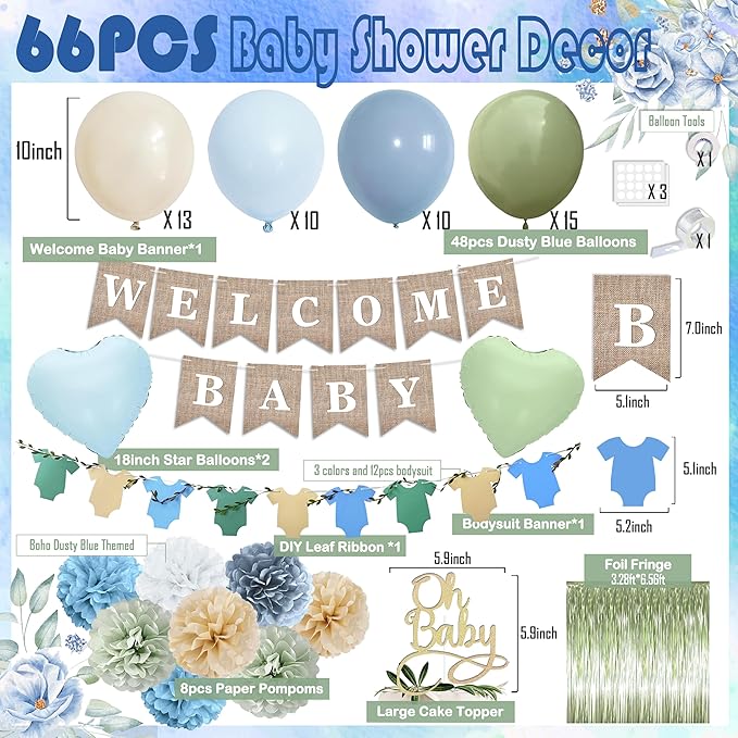 Blue Sage Green Baby Shower Decorations-Welcome Baby Boy Banner, Fringe Curtains, Paper Pompoms, Olive Green Dusty-blue Beige Cream Latex Balloon Décor For Boho Easter Jungle Baby Shower Blue Party