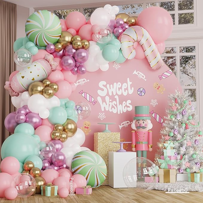 PageebO Christmas Candy Balloon Arch, Pastel Pink Green Balloon Candy Cane Lollipop Foil Balloons for Sweet One Birthday Party Favors Candyland Christmas Party Favors Baby Shower Gender Revel Decor