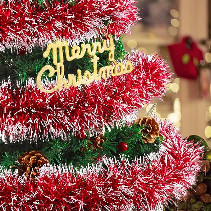 50Ft Christmas Tinsel Garland, Red Snowflake Metallic Twist Garland for Xmas Tree Decorations, Tinsel for New Year Party Ceiling Hanging Decorations Indoor and Outdoor Decor