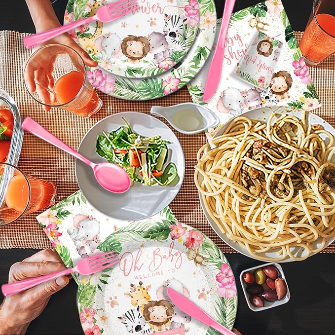 Safari Birthday Supplies Tableware Girl - Safari Jungle Baby Shower Party Decorations Include Plates, Cups, Napkins, Tableware, Wild Birthday Baby Shower Decorations | 24 Guests