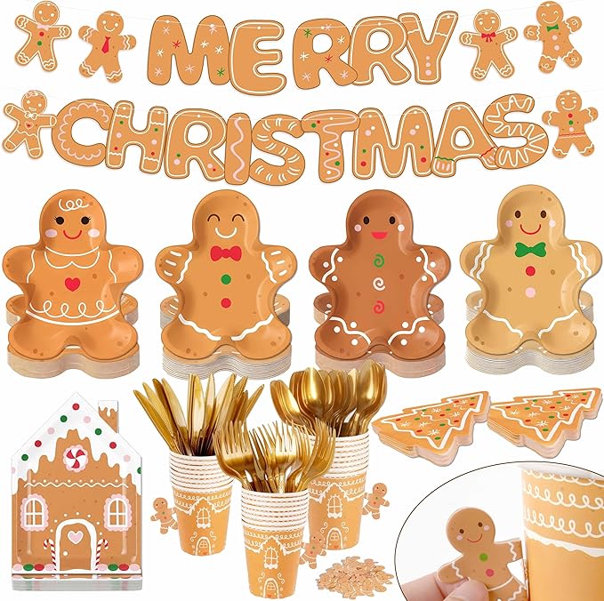 OuMuaMua 177Pcs Gingerbread Christmas Disposable Tableware Set,Gingerbread Man Paper Plates Christmas Tree Napkins Cups Banner Cutlery Dinnerware Set for Xmas Holiday Party Supplies Decor, Serves 25