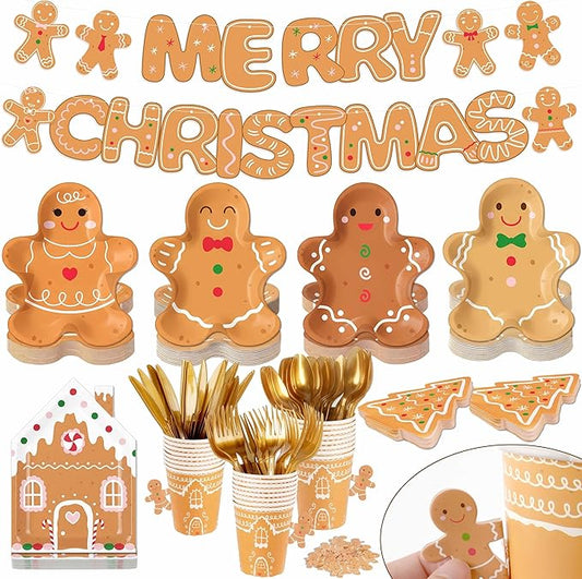 OuMuaMua 177Pcs Gingerbread Christmas Disposable Tableware Set,Gingerbread Man Paper Plates Christmas Tree Napkins Cups Banner Cutlery Dinnerware Set for Xmas Holiday Party Supplies Decor, Serves 25