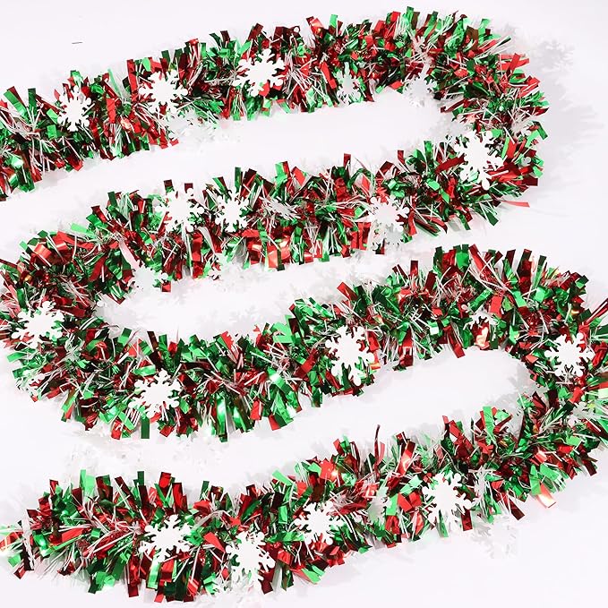 50FT Red Green White Christmas Tinsel Garland with Snowflake Ornaments Metallic Shiny Xmas Garland for Christmas Tree Decoration Holiday Hanging Garlands Indoor Outdoor Home Office Party Holiday Decor