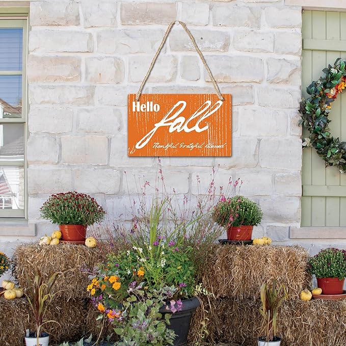 "Hello Fall" Wooden Hanging Sign - Orange Autumn Wood Hanging Decoration - Applicable Porch Home Wall Indoor Outdoor Decor Or Holiday Gifts For Friends And Family(6" x 10") - A03
