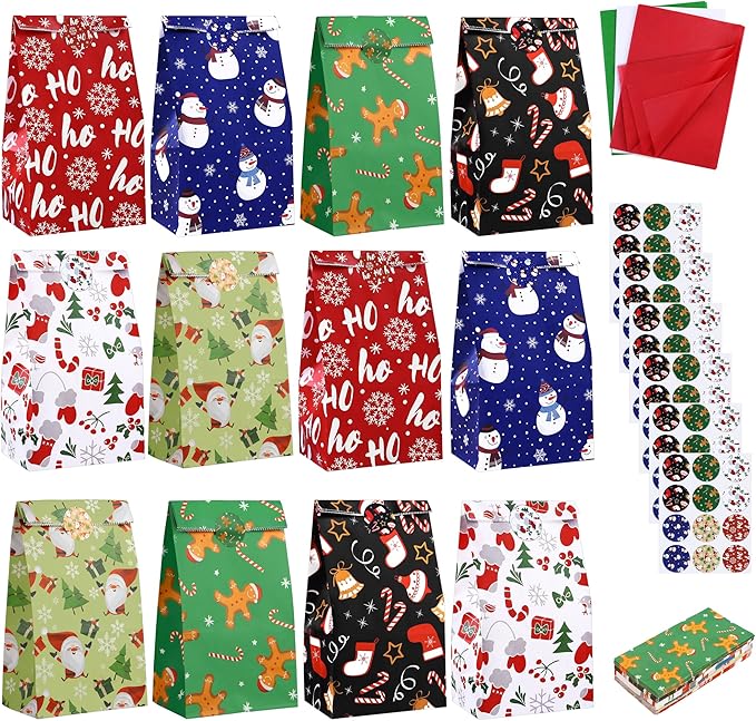 Cooraby 72 Pack Christmas Gift Bags with Tissue Paper Sealing Stickers 9.4 x 5 x 3 Inch Holiday Candy Goody Paper Bags for Xmas Party Supplies Gift Wrapping Decorations