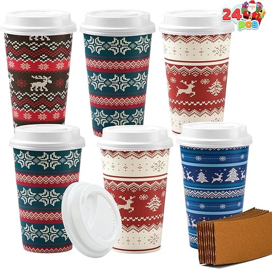 JOYIN 24 PCS Christmas Disposable Paper Cups, 16 oz Merry Christmas Party Cups With Sleeves and Lids, 4 Designs Xmas Drinkware Winter Drinkware, Tableware Holiday Party Supplies