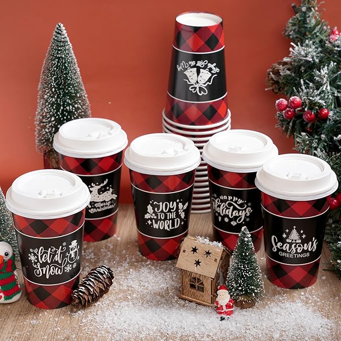 JOYIN 24 PCS Christmas Buffalo Plaid Paper Cups with Sleeves and Lids, 6 Designs 16 oz Xmas Drinkware Coffee Cups for Hot Cocoa Chocolate Cold Beverage Holiday Tableware Winter Party Supplies