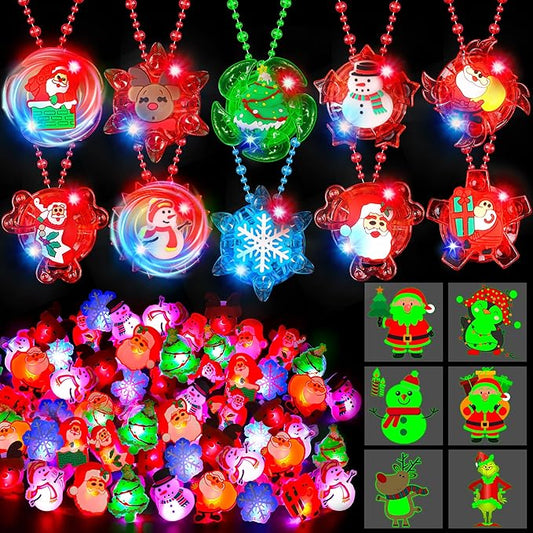 100PCS Christmas Party Favors Bulk Glow in The Dark Party Supplies LED Christmas Toys Bulk Light Up Necklace Bracelet Rings Xmas Toy Gifts for Stocking Stuffers Holiday Favors Classroom Rewards Prizes