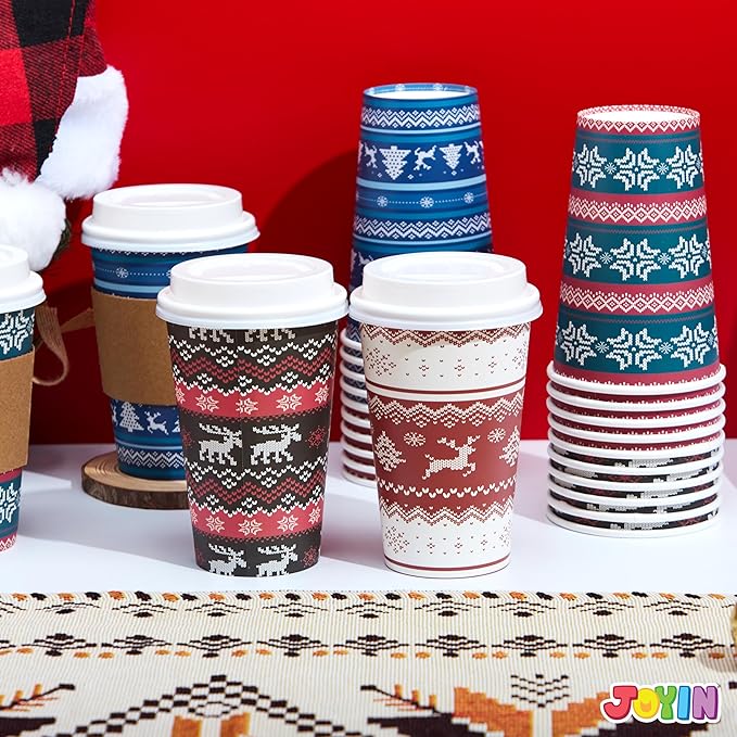 JOYIN 24 PCS Christmas Disposable Paper Cups, 16 oz Merry Christmas Party Cups With Sleeves and Lids, 4 Designs Xmas Drinkware Winter Drinkware, Tableware Holiday Party Supplies