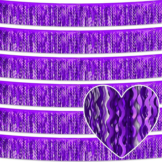 6 Pack 10 Feet Purple Wave Foil Fringe Garland Metallic Tinsel Streamers Banner Wall Hanging Curtain Backdrop for Parade Floats, Mother's Day, Easter, Wedding, Birthday Party Decoration