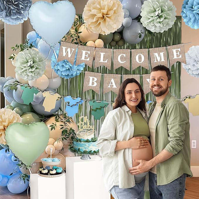 Blue Sage Green Baby Shower Decorations-Welcome Baby Boy Banner, Fringe Curtains, Paper Pompoms, Olive Green Dusty-blue Beige Cream Latex Balloon Décor For Boho Easter Jungle Baby Shower Blue Party