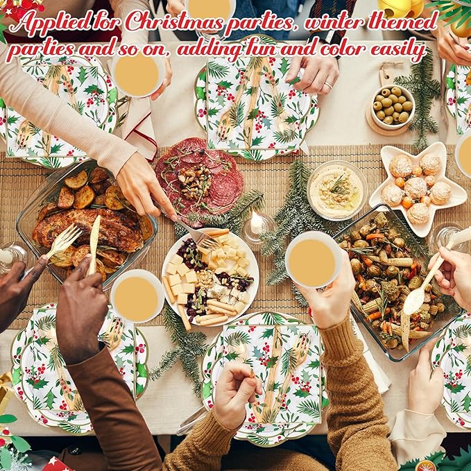 Pickmesh 400 Pcs Christmas Party Supplies Include Seasonal Holly Leaf Disposable Paper Plates Napkins Cups Cutlery Xmas Tableware for Merry Christmas Holiday Party Decorations Serve 50