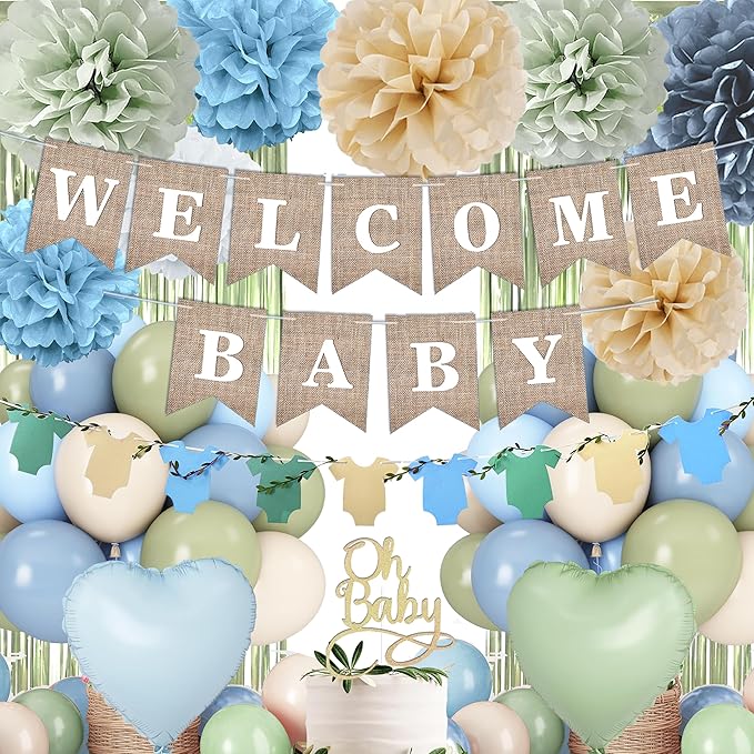 Blue Sage Green Baby Shower Decorations-Welcome Baby Boy Banner, Fringe Curtains, Paper Pompoms, Olive Green Dusty-blue Beige Cream Latex Balloon Décor For Boho Easter Jungle Baby Shower Blue Party