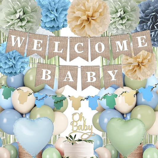 Blue Sage Green Baby Shower Decorations-Welcome Baby Boy Banner, Fringe Curtains, Paper Pompoms, Olive Green Dusty-blue Beige Cream Latex Balloon Décor For Boho Easter Jungle Baby Shower Blue Party